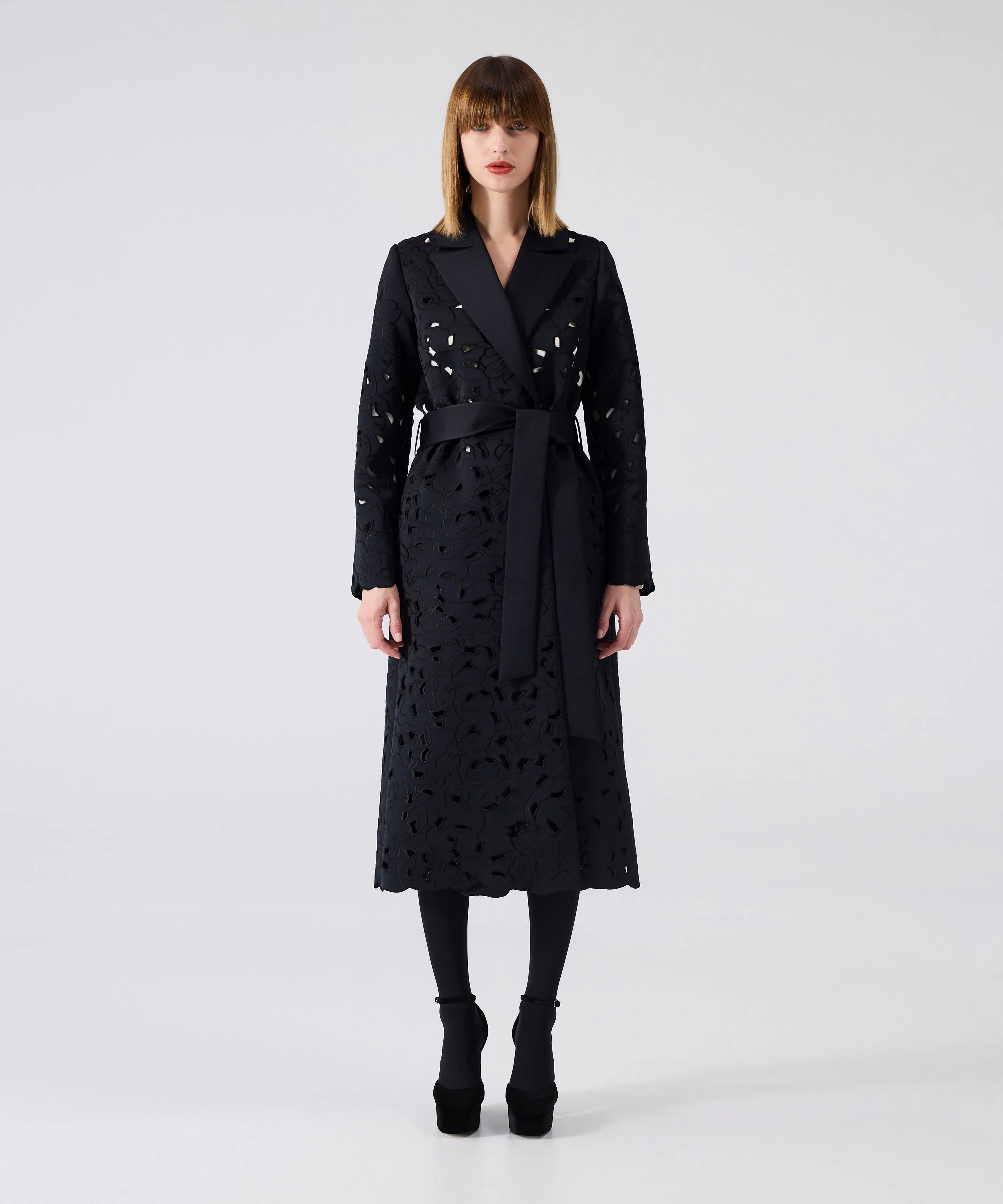 Machka Floral Embroidery Belted Coat Black