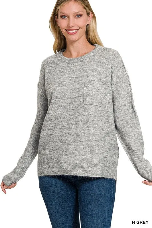 MELANGE HI-LOW HEM ROUND NECK SWEATER