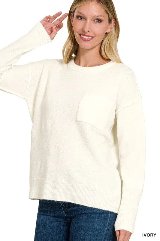 MELANGE HI-LOW HEM ROUND NECK SWEATER