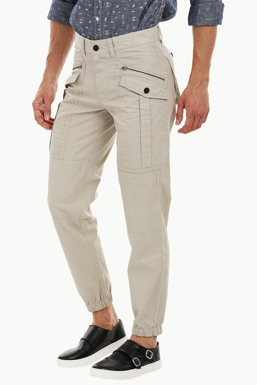 Mens Beige Cuff Jogger Cargo Pants