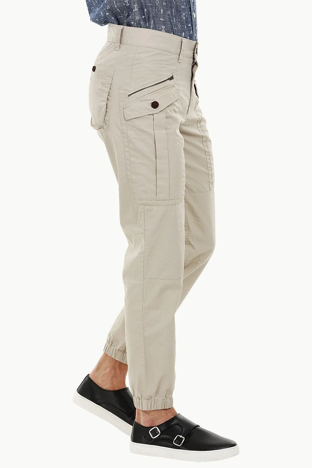 Mens Beige Cuff Jogger Cargo Pants
