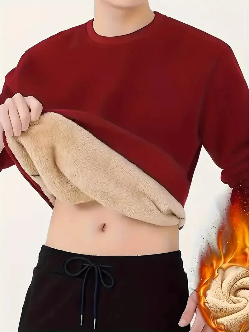 Men's Fleece Crew Neck Sweatshirt - Solid Color, Warm & Comfy for Fall & Winter