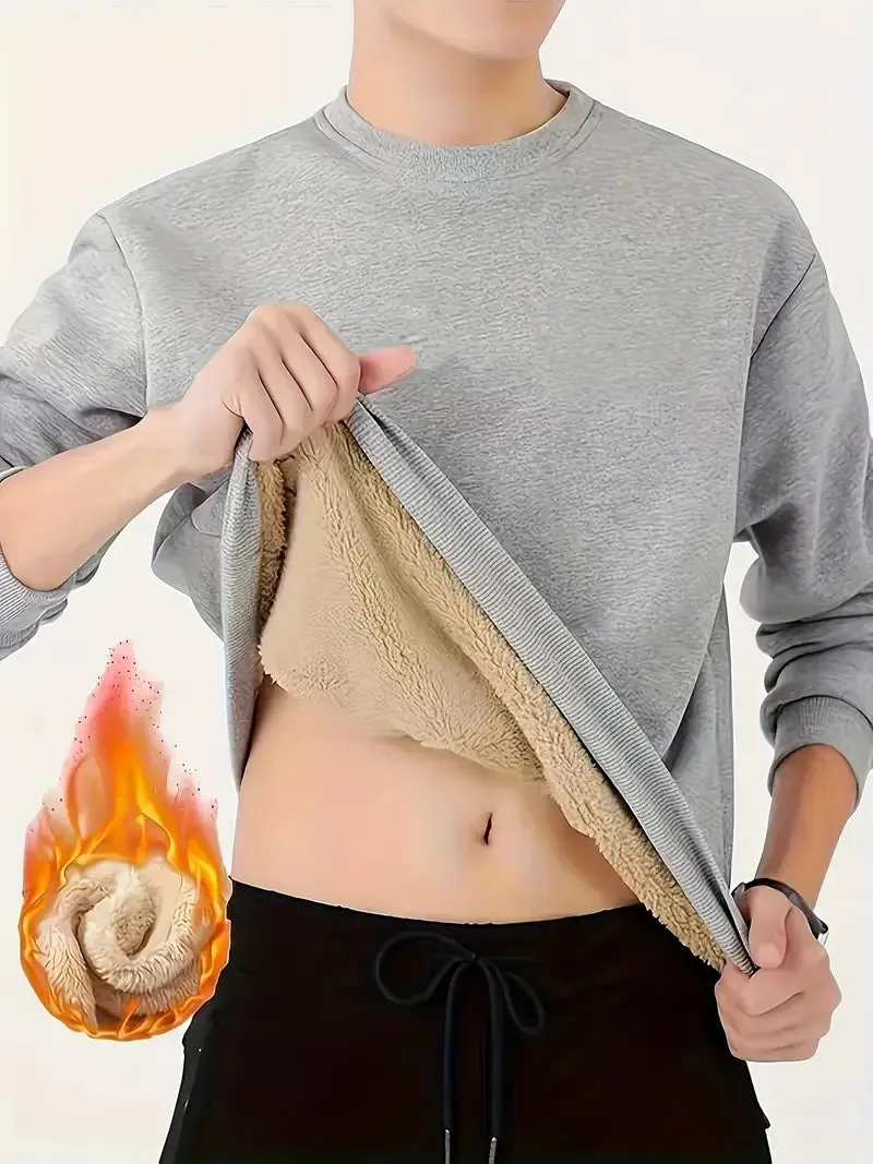 Men's Fleece Crew Neck Sweatshirt - Solid Color, Warm & Comfy for Fall & Winter