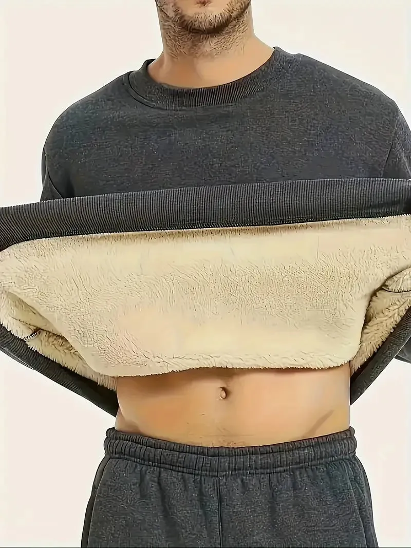 Men's Fleece Crew Neck Sweatshirt - Solid Color, Warm & Comfy for Fall & Winter