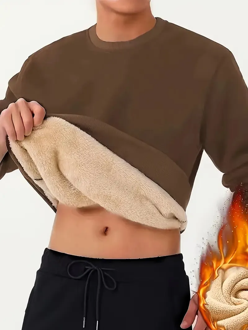 Men's Fleece Crew Neck Sweatshirt - Solid Color, Warm & Comfy for Fall & Winter
