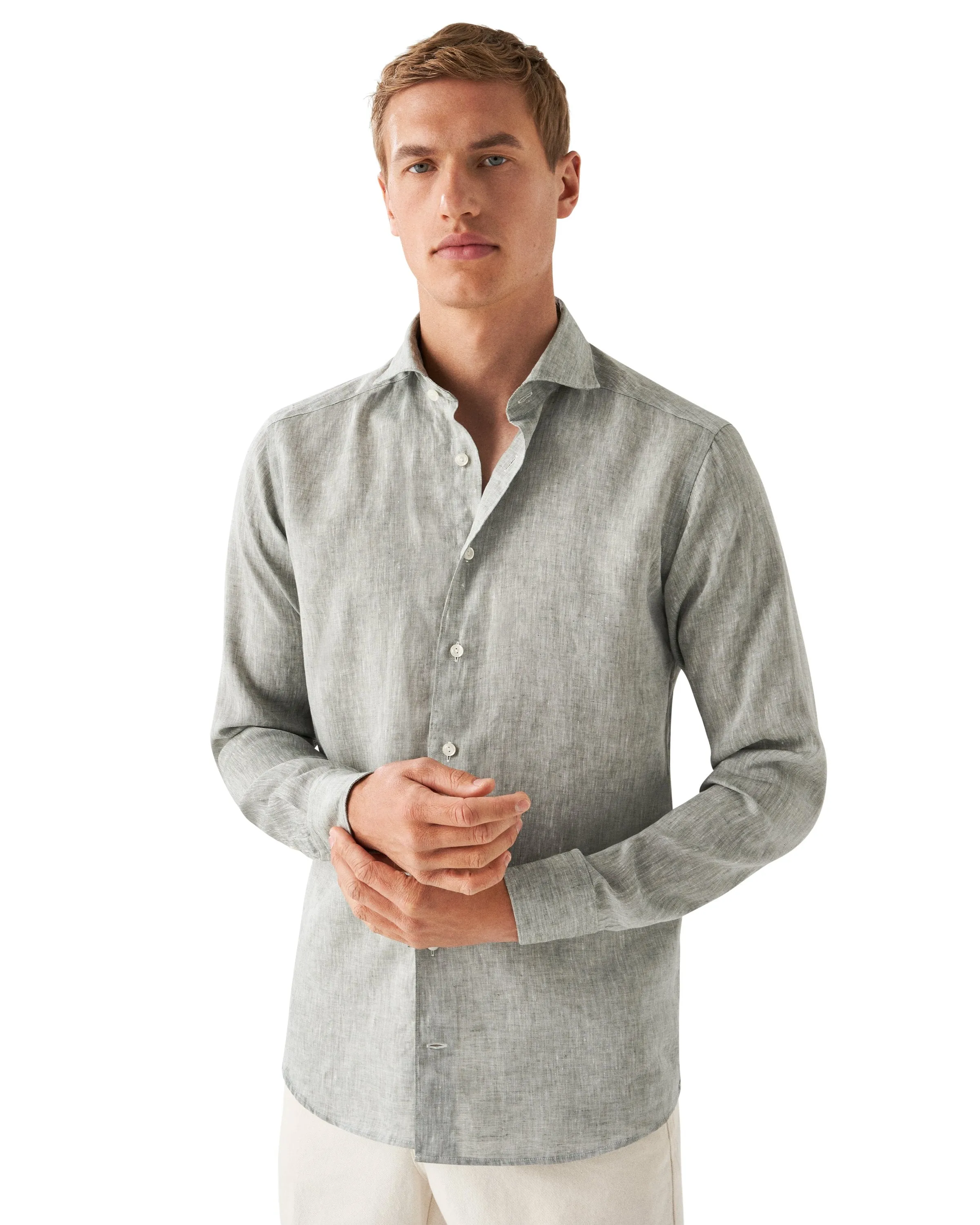 Mid Green Solid Linen Contemporary Fit Shirt - ETON