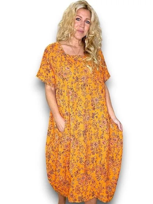 MID SLEEVE MAXI DRESS LINEN GRAPHIC BLOOM ORANGE