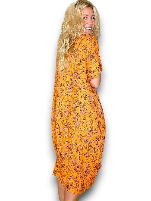 MID SLEEVE MAXI DRESS LINEN GRAPHIC BLOOM ORANGE