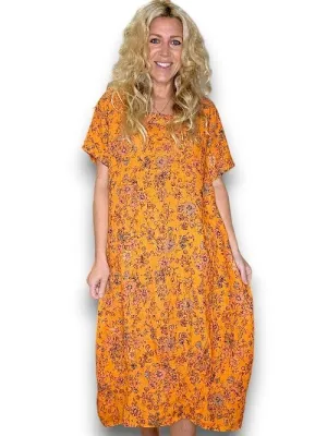 MID SLEEVE MAXI DRESS LINEN GRAPHIC BLOOM ORANGE