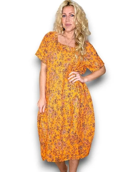 MID SLEEVE MAXI DRESS LINEN GRAPHIC BLOOM ORANGE
