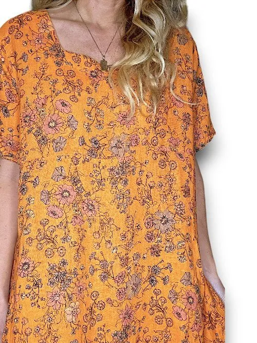 MID SLEEVE MAXI DRESS LINEN GRAPHIC BLOOM ORANGE