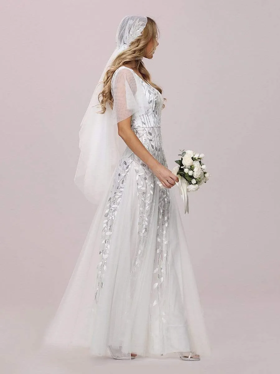 Modern Floor Length Wholesale Sequined Tulle Wedding Dress EP00734-EH