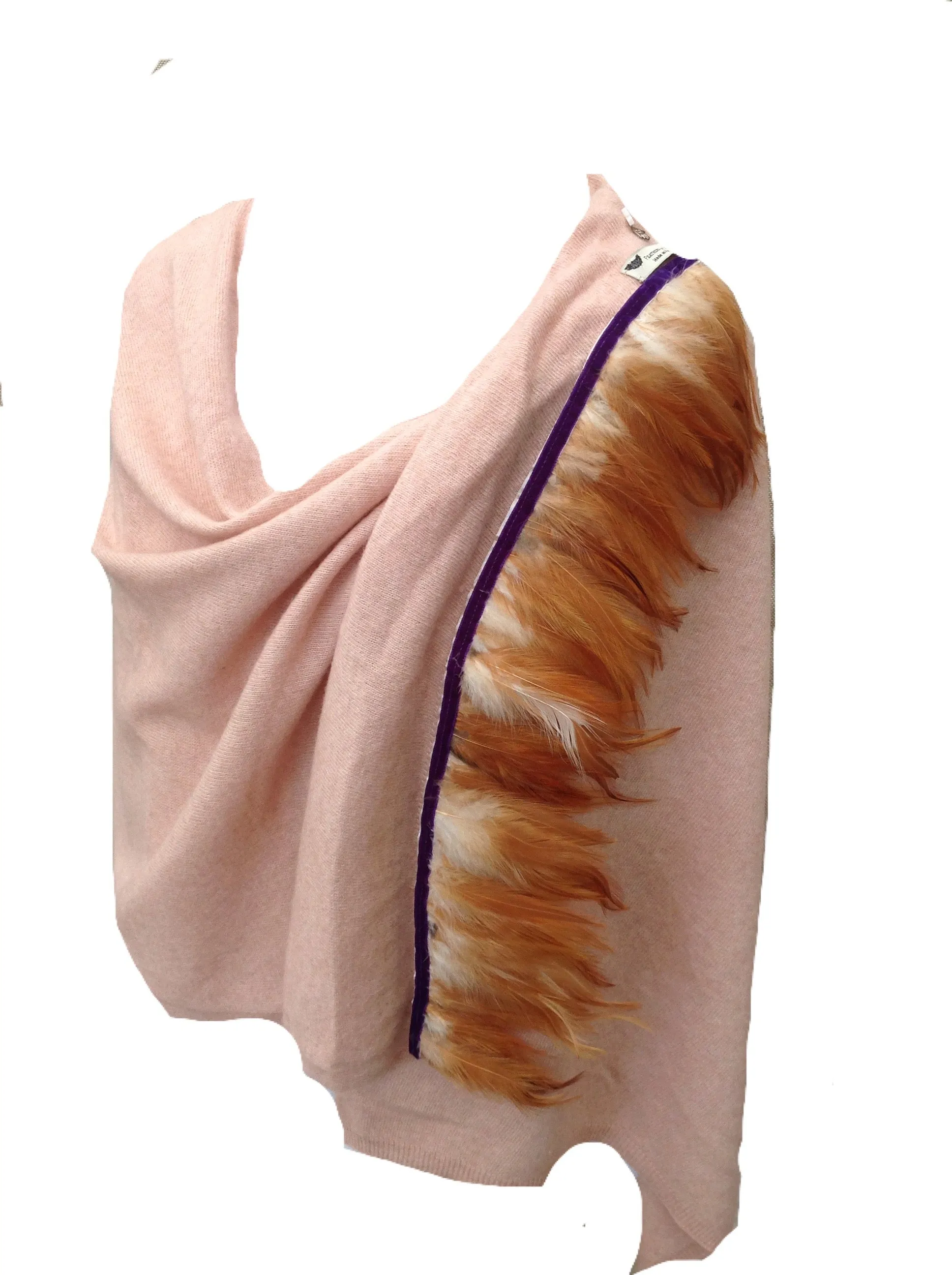 Naples Cashmere Scarf with Feather Trim in Pink