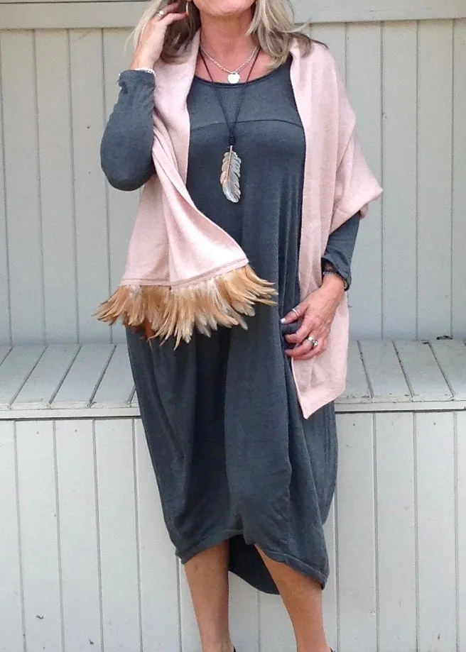Naples Cashmere Scarf with Feather Trim in Pink
