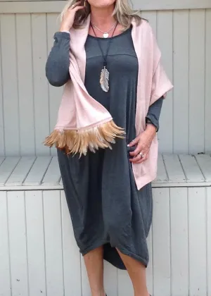 Naples Cashmere Scarf with Feather Trim in Pink