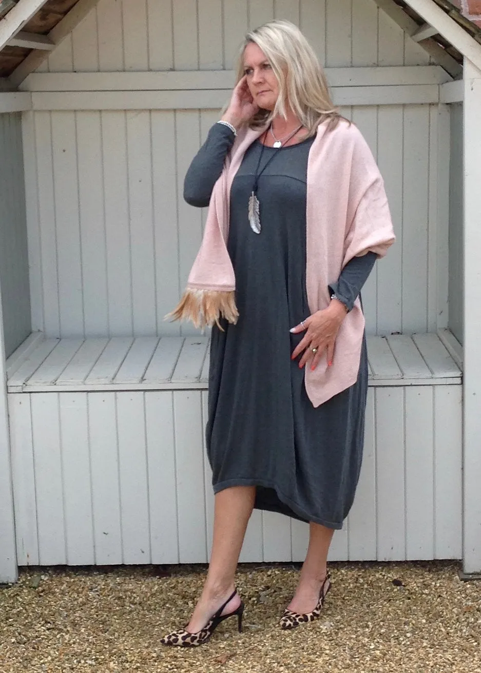 Naples Cashmere Scarf with Feather Trim in Pink