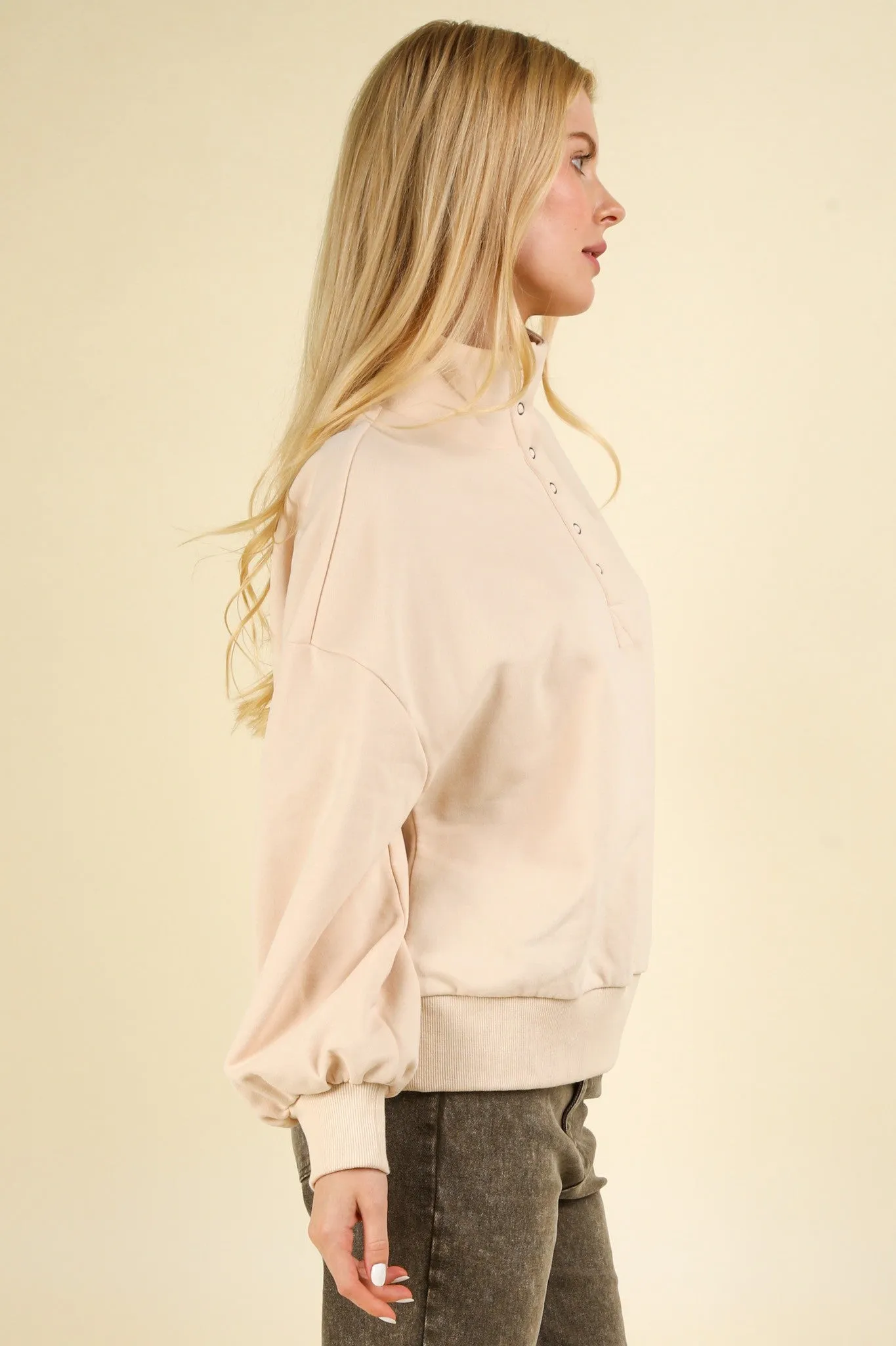 Oversized Balloon Sleeve Half Button Down Henley Knit Top