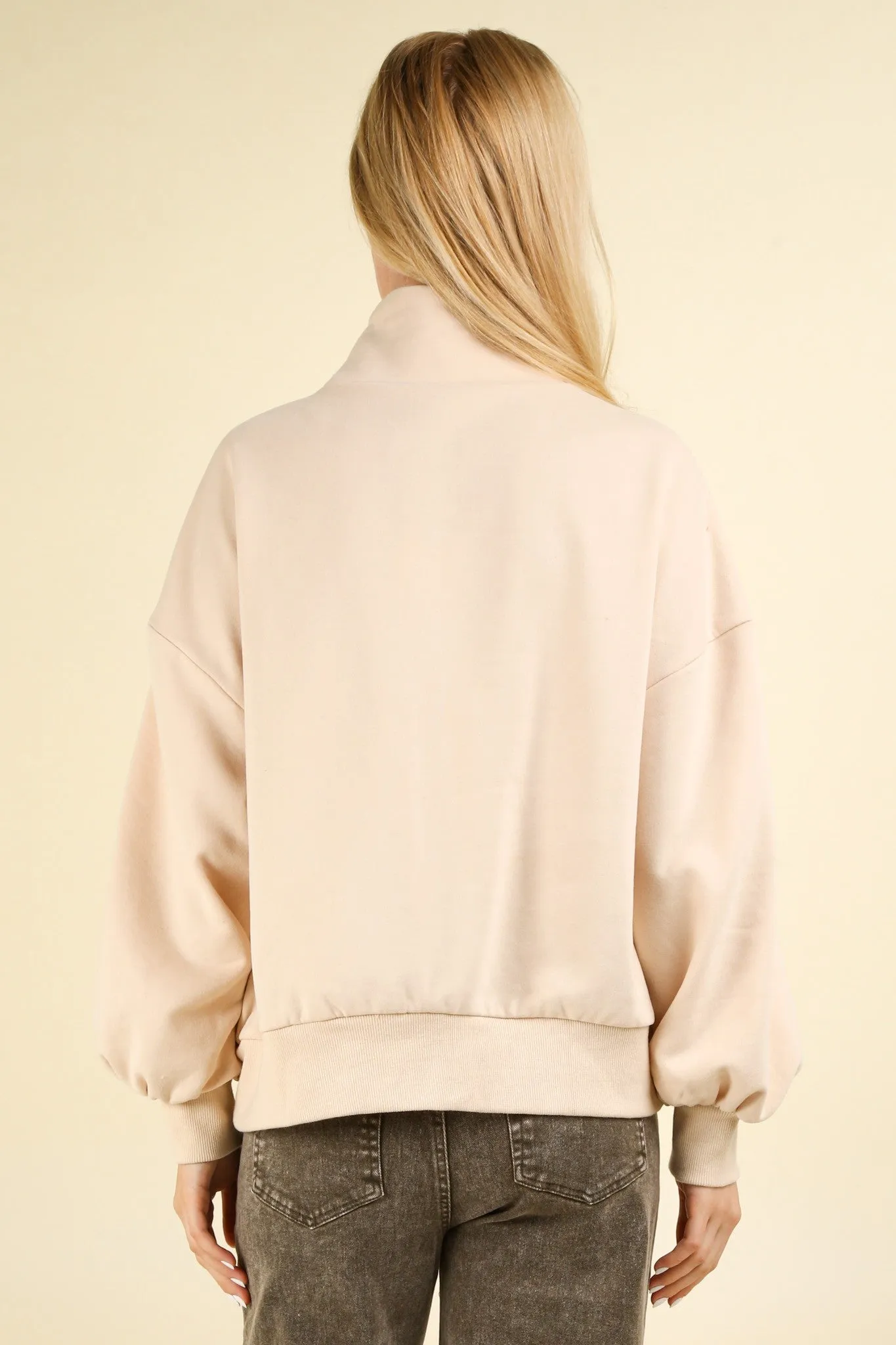 Oversized Balloon Sleeve Half Button Down Henley Knit Top
