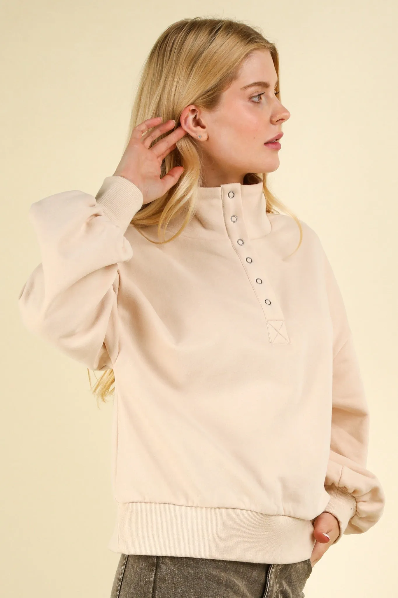 Oversized Balloon Sleeve Half Button Down Henley Knit Top