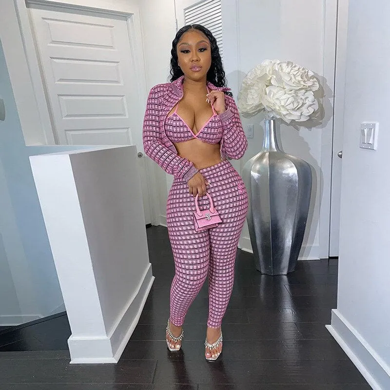 Plaid Print Cardigan Jackets 3 Piece
