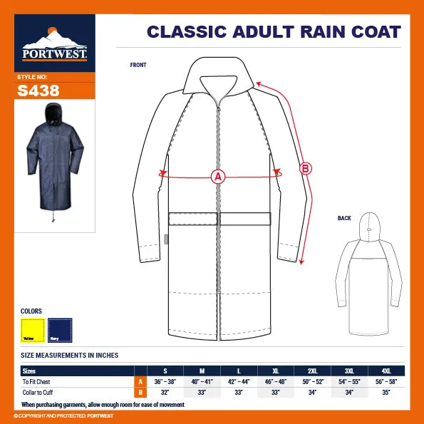 Portwest S438 Classic Hooded Work Rain Coat with Long 47" Waterproof Protection