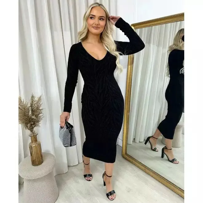 Printed V-Neck Long Sleeve Glitter Midi Dress