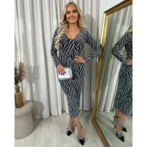 Printed V-Neck Long Sleeve Glitter Midi Dress
