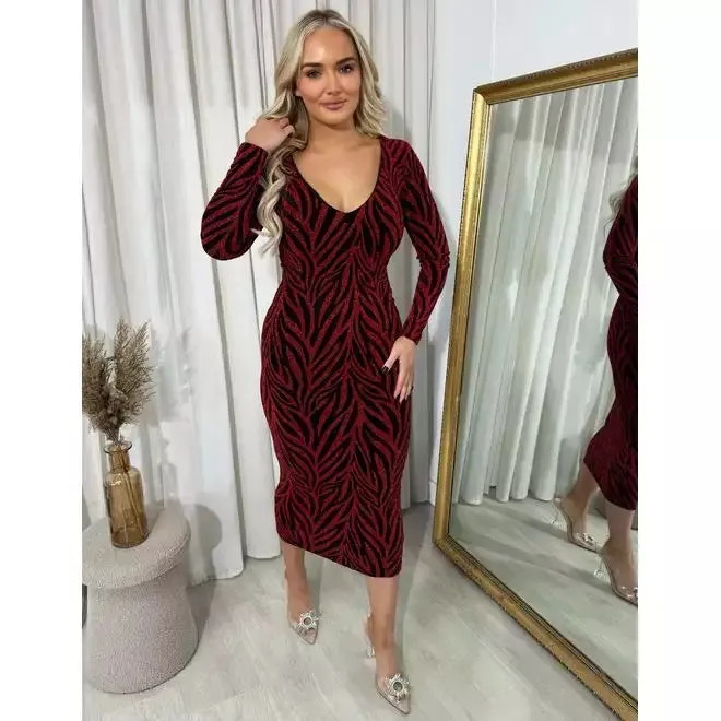 Printed V-Neck Long Sleeve Glitter Midi Dress