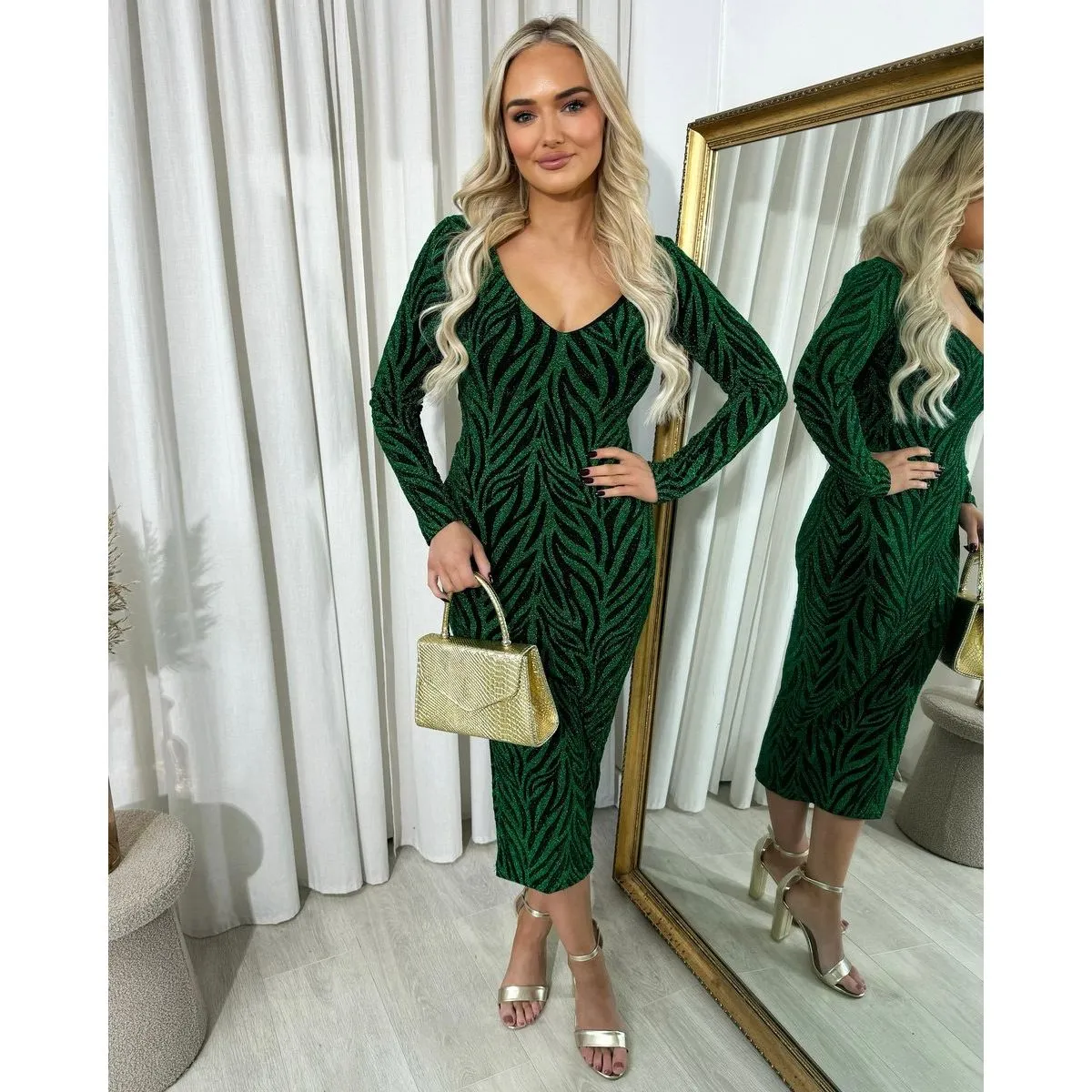 Printed V-Neck Long Sleeve Glitter Midi Dress