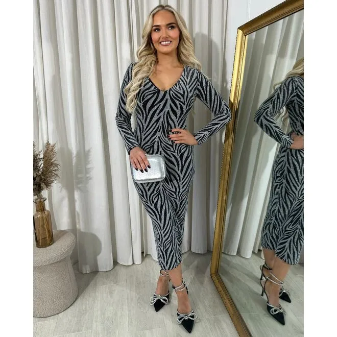Printed V-Neck Long Sleeve Glitter Midi Dress