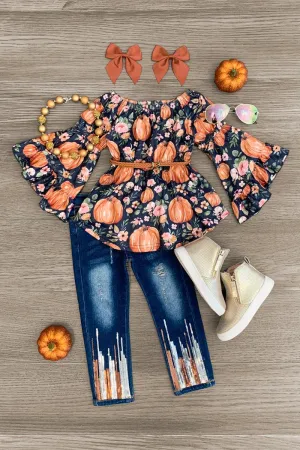 Pumpkin Floral Sequin Denim Pant Set