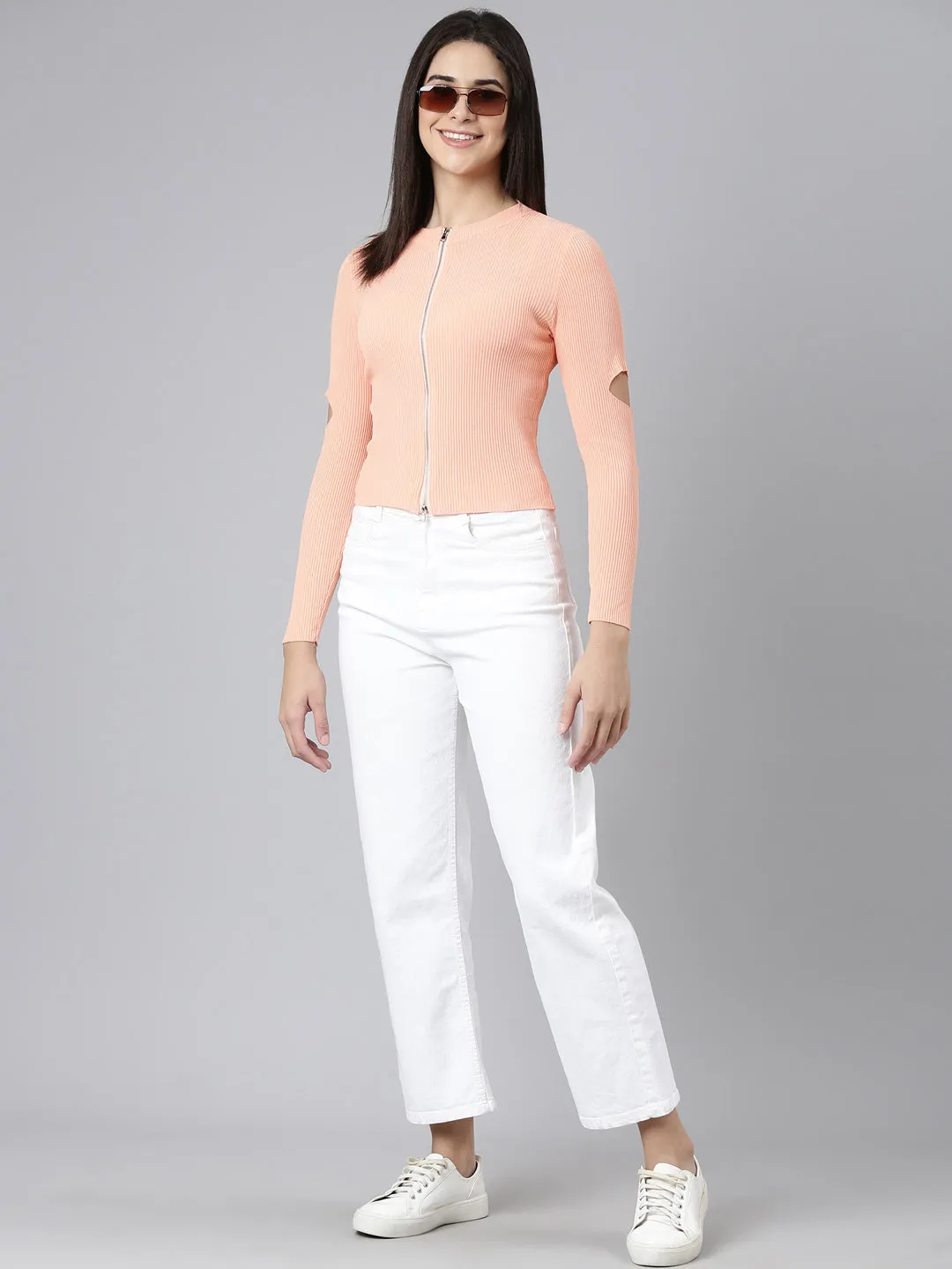 Round Neck Solid Regular Orange Top