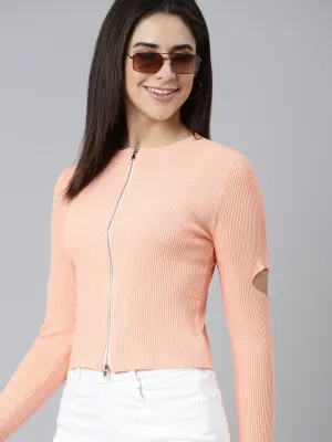 Round Neck Solid Regular Orange Top