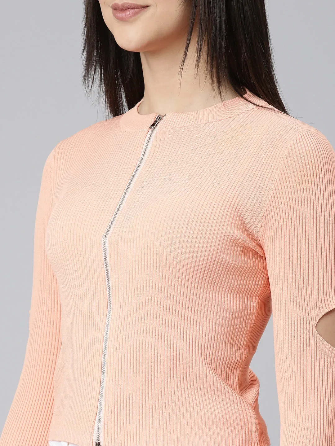 Round Neck Solid Regular Orange Top