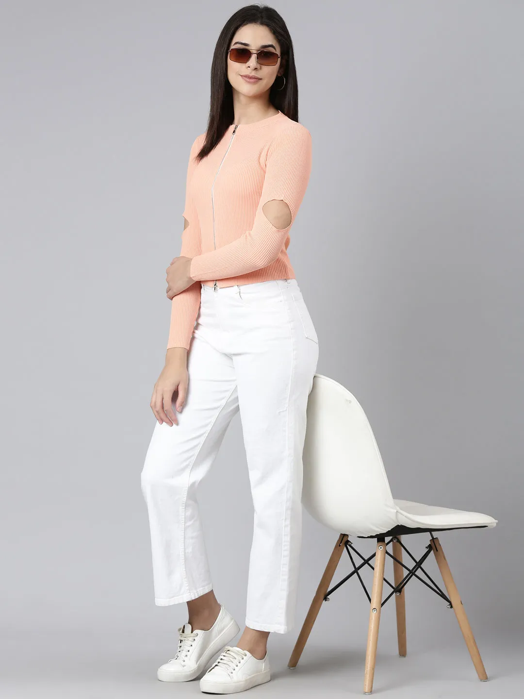 Round Neck Solid Regular Orange Top