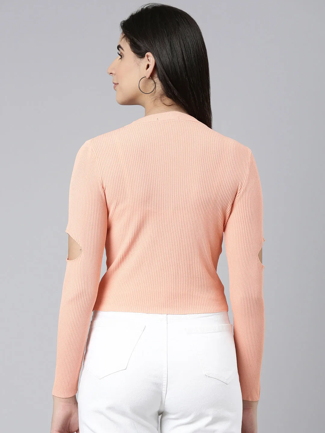 Round Neck Solid Regular Orange Top