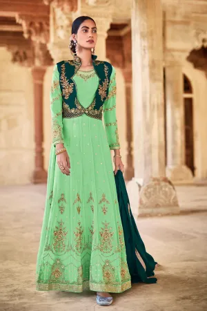 Sea Green Color Georgette Anarkali Suit with Sparkling Embroidered Work For Function