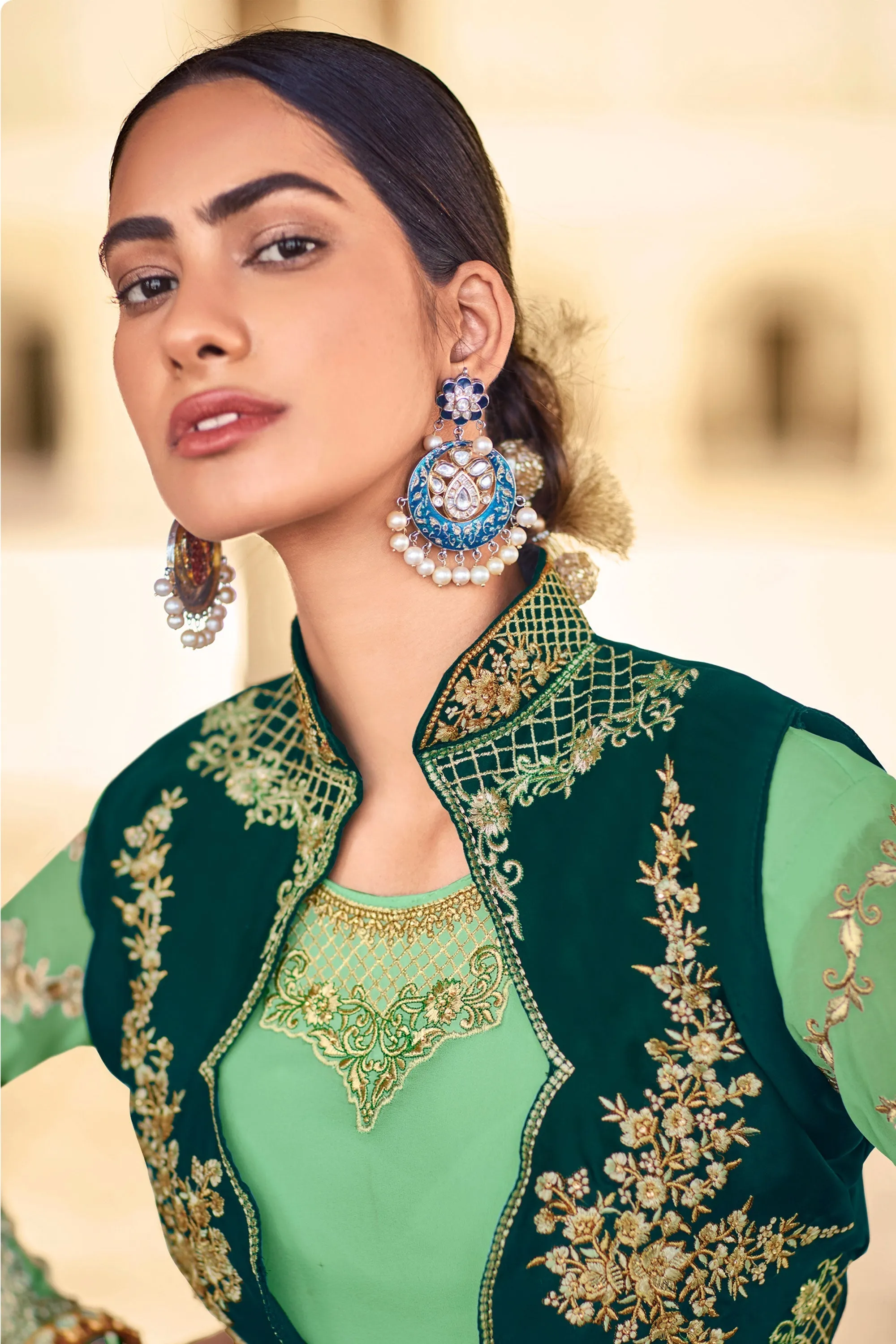 Sea Green Color Georgette Anarkali Suit with Sparkling Embroidered Work For Function