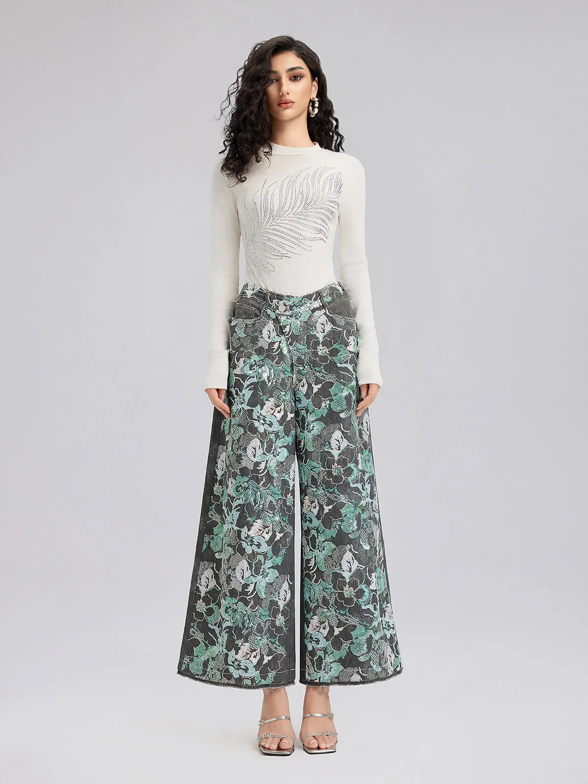 Sequin Embroidery Wide-leg Pants