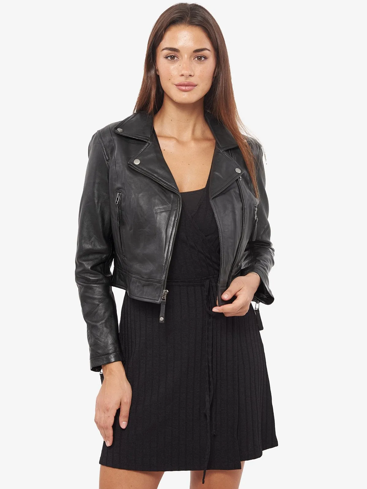 Short Body Leather Jacket in Black for Women By TJS