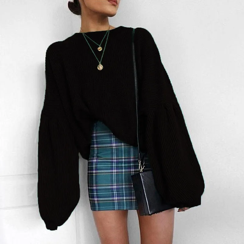 Solid Candy Color Bishop Sleeves Women Loose Chunky Sweater