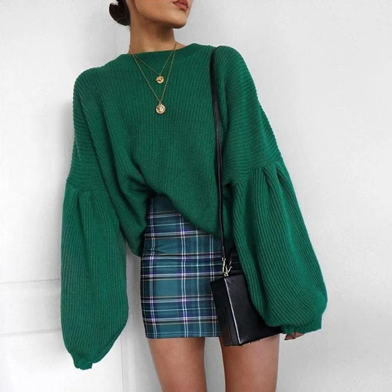 Solid Candy Color Bishop Sleeves Women Loose Chunky Sweater