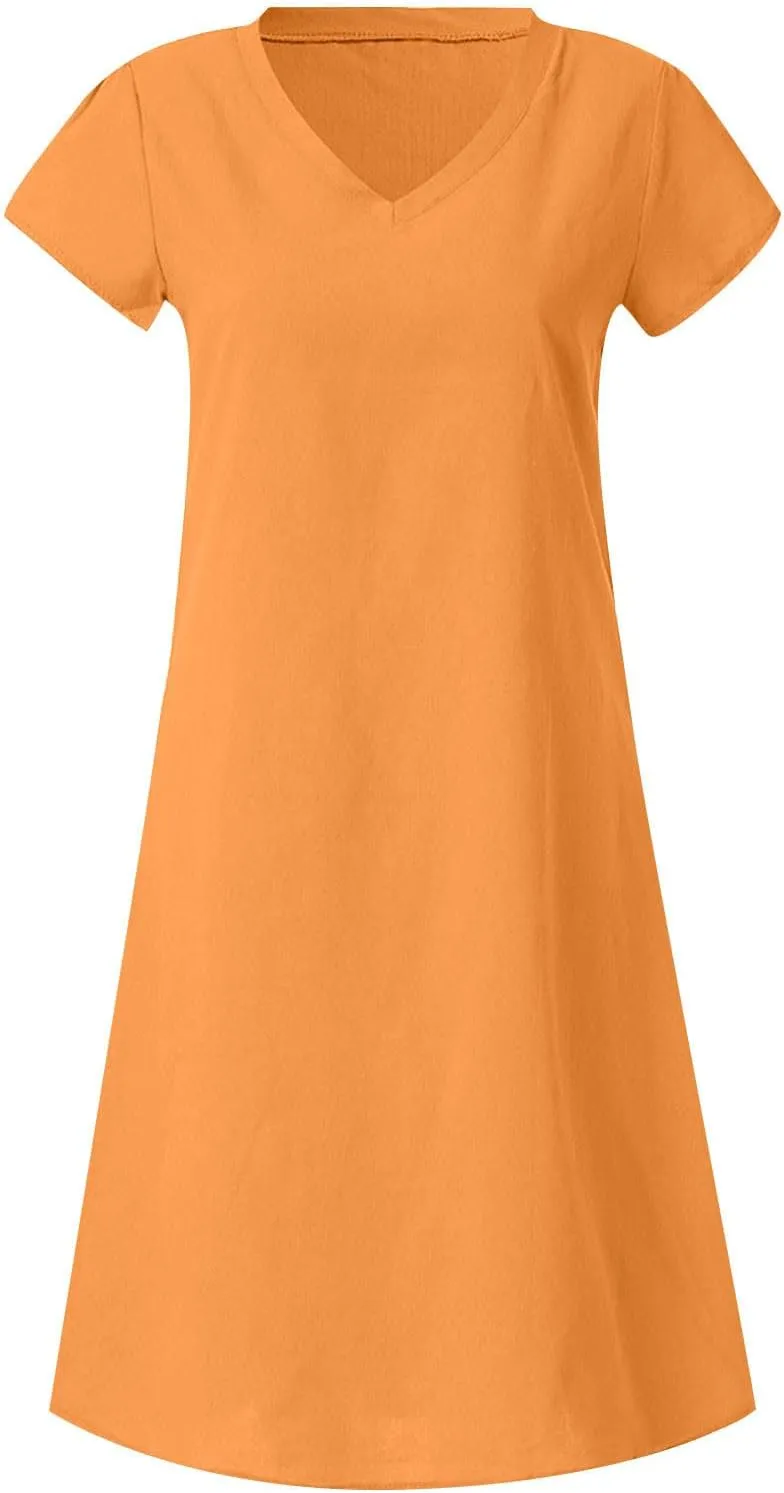 Summer Cotton Linen Dresses Women 2025 Casual Solid V Neck Short Sleeve Dress Slim Beach Vacation Knee Length Dresses