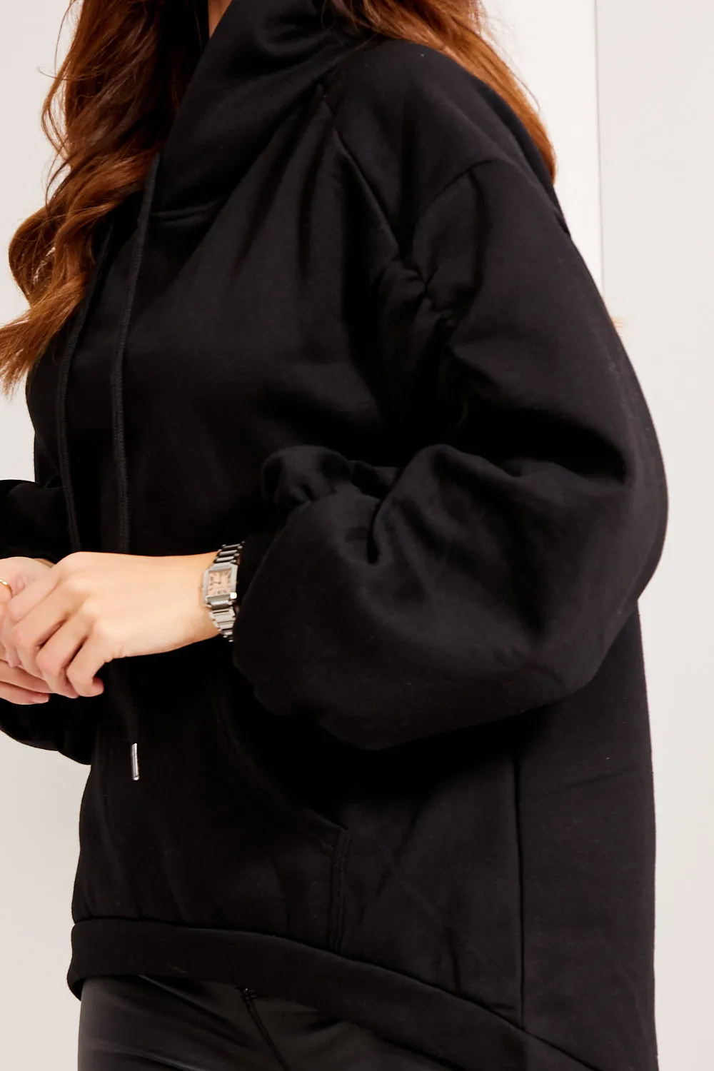 Tess Black Drop Shoulder Dip Hem Ruched Sleeve Hoodie