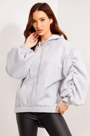 Tess Grey Drop Shoulder Dip Hem Ruched Sleeve Hoodie