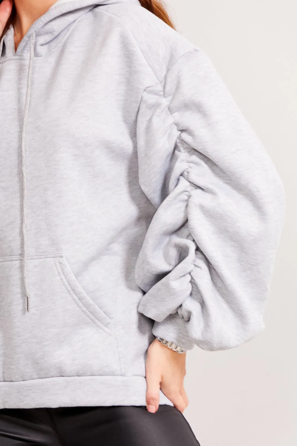Tess Grey Drop Shoulder Dip Hem Ruched Sleeve Hoodie