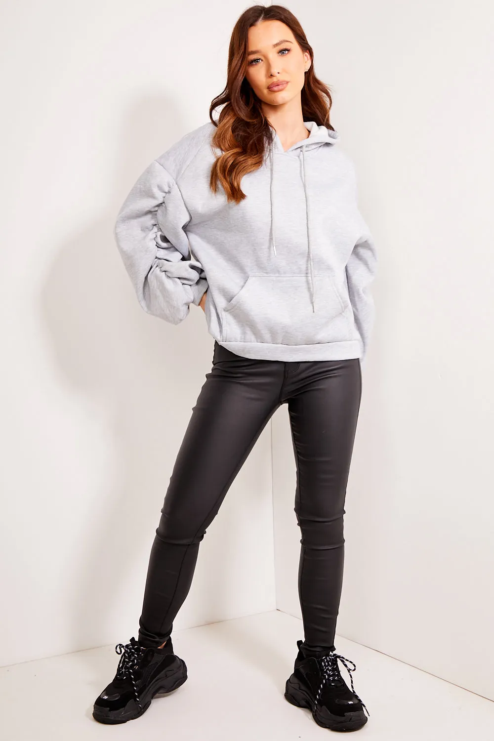 Tess Grey Drop Shoulder Dip Hem Ruched Sleeve Hoodie
