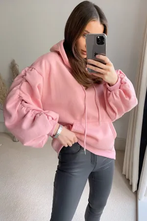 Tess Pink Drop Shoulder Dip Hem Ruched Sleeve Hoodie