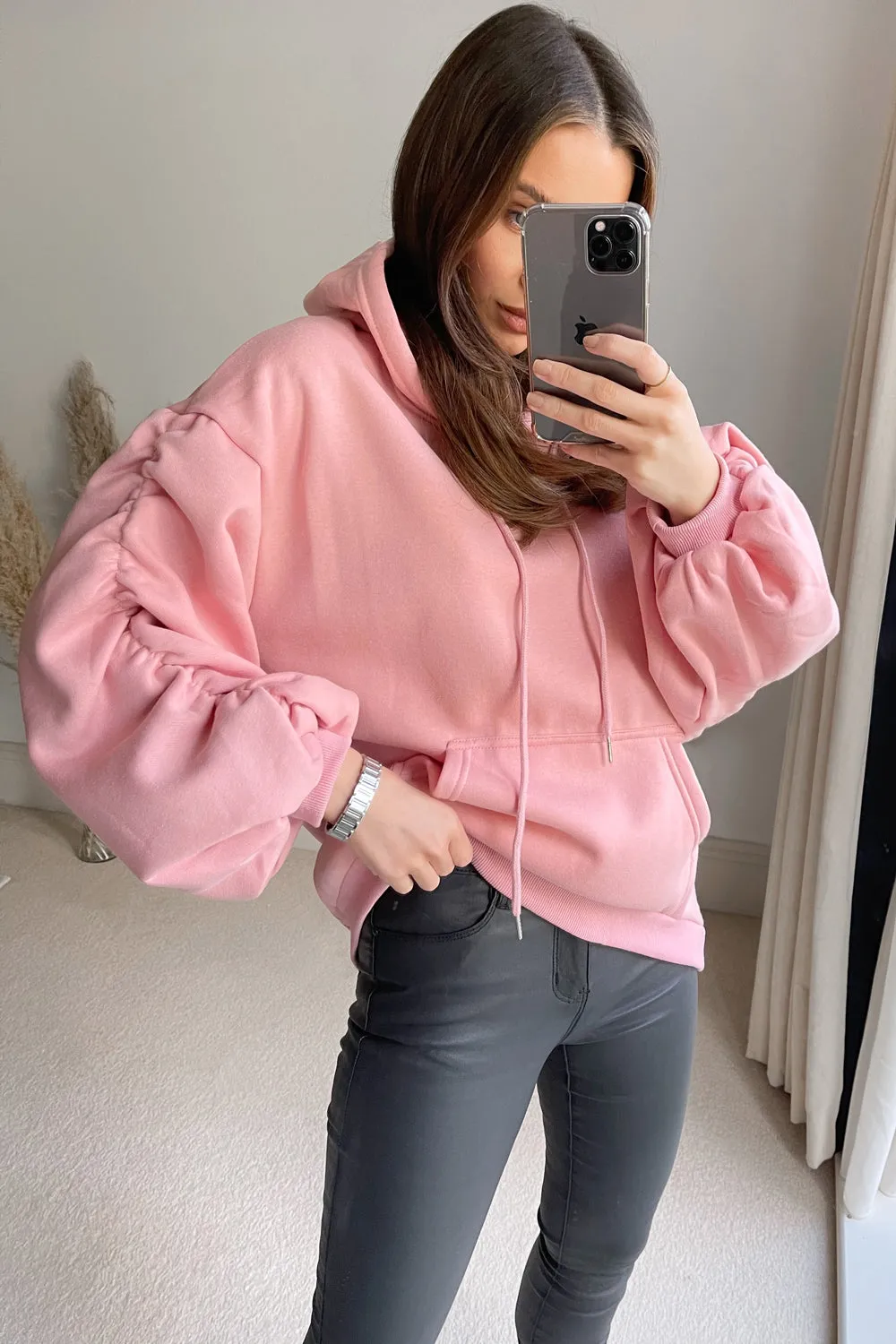 Tess Pink Drop Shoulder Dip Hem Ruched Sleeve Hoodie