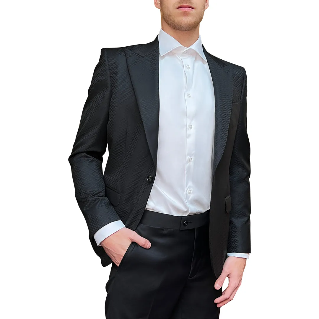 Tonal Pattern Peak Lapel Blazer - Black